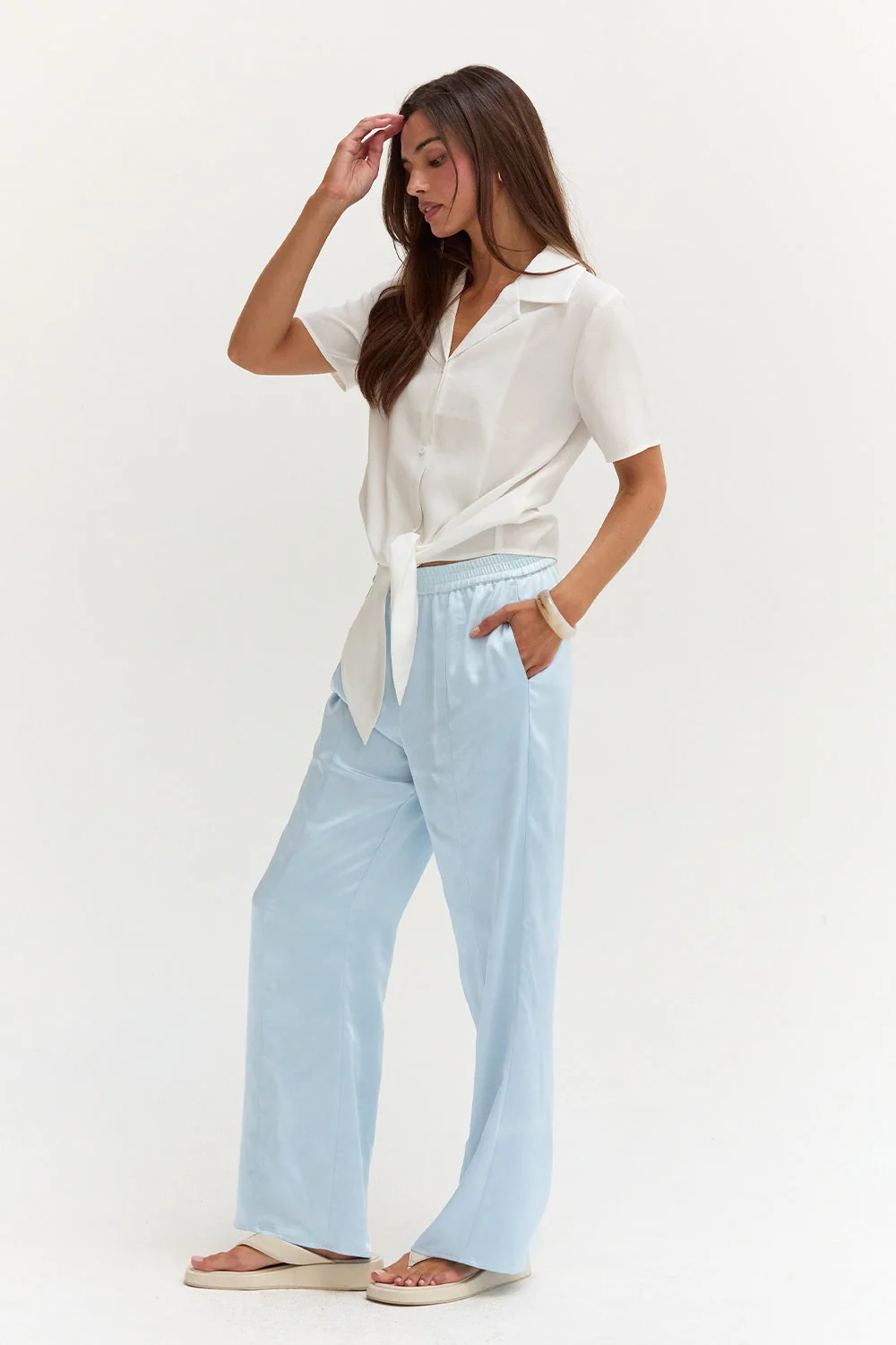 Satin Pull On Pants Relaxed Straight Leg Elastic Waist Women