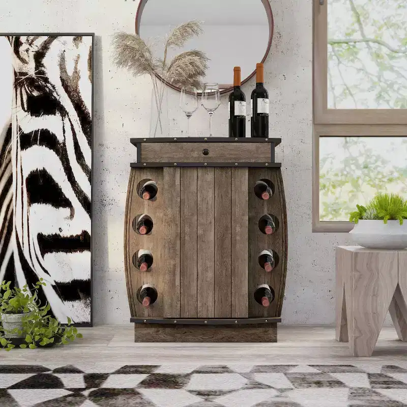 Mini Bar Cabinet with 8-Slot Wine Bottle Rack Reclaimed Oak Finish
