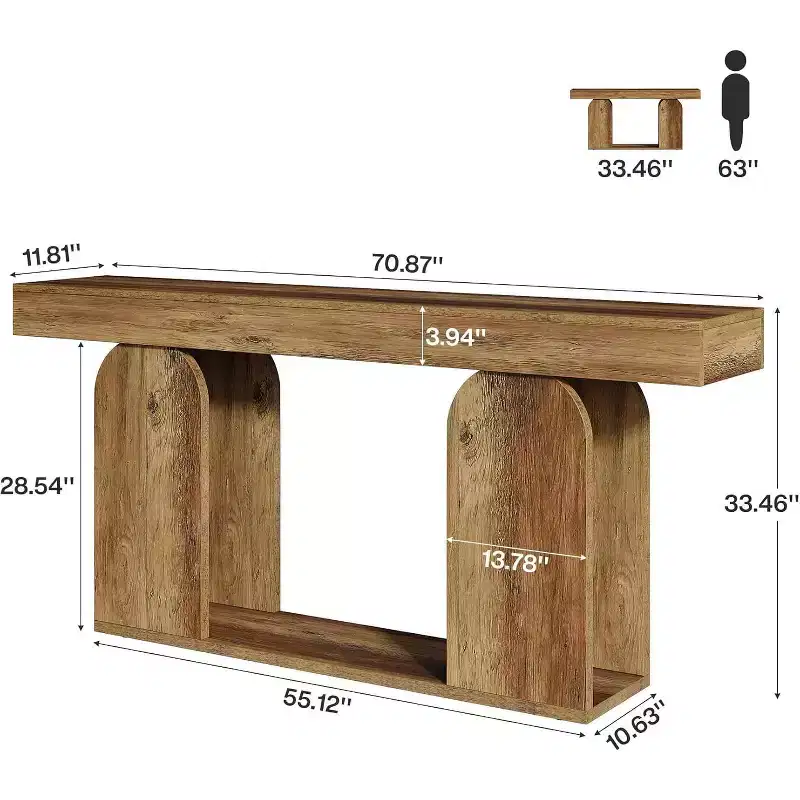 Lantine 70.9-inch extra long farmhouse console table with 2-tier wooden storage shelf, suitable for hallway, living room, entrance, vintage brown.