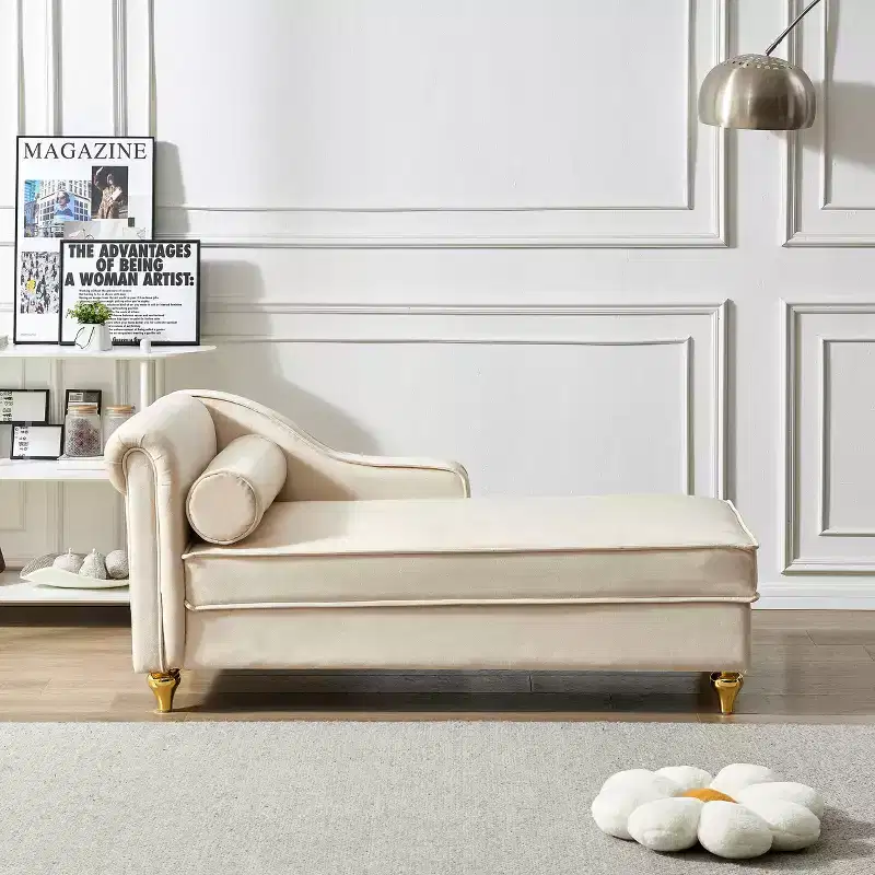 Laurel Velvet Chaise Lounge with Metal Legs and Storage