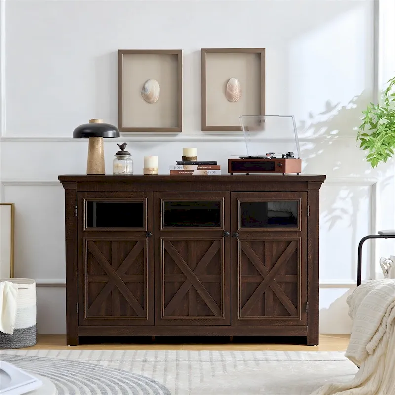Gray / Espresso 3-Door Storage Cabinet with Glass Panels & Metal Handles