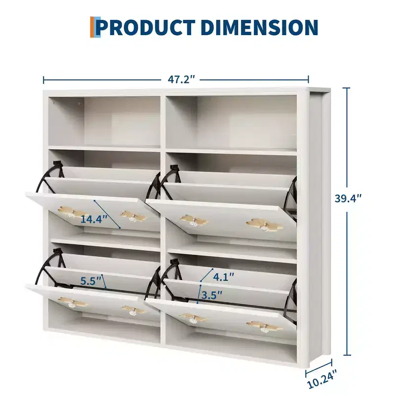 4 Flip Drawers Shoe Cabinet with Adjustable Shelves Open Storage Flower Pattern Diamond Handle Slim Wooden Shoe Organizer for Entryway Hallway