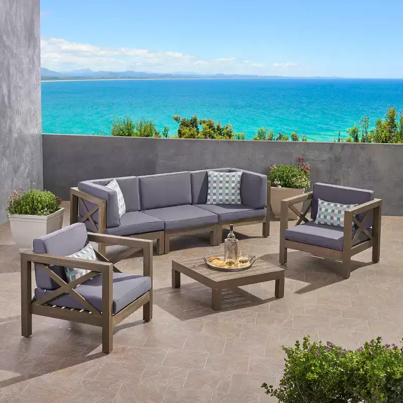 Christopher Knight Home Sandy 6 piece Outdoor Acacia Wood Sectional Seating Set with Water-Resistant Cushions