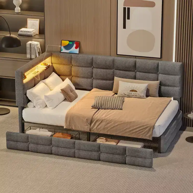 FAMYYT Twin Size Upholstered Daybed With 2 Drawers, Charging Station, LED Lights and Storage Headboard, Easy Assembly