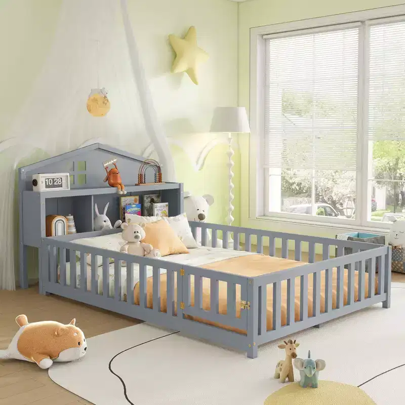 Bellemave Full Montessori Floor Bed with Bookcase & Chalkboard, Solid Wood Platform Bed with Guardrails and Storage Headboard for Kids & Teens