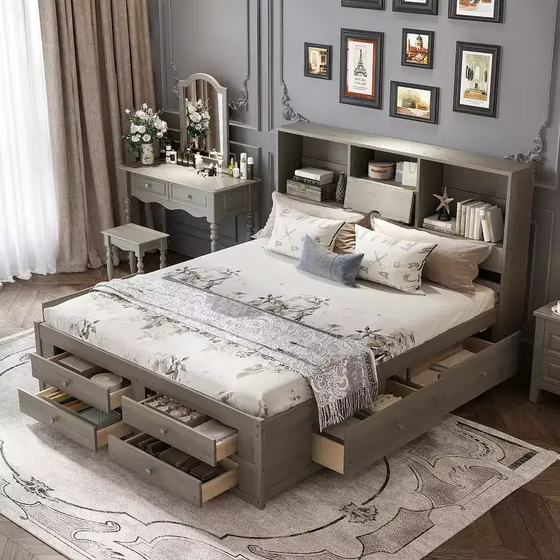Whisen King Size Platform Bed with Storage Headboard and 8 Drawers