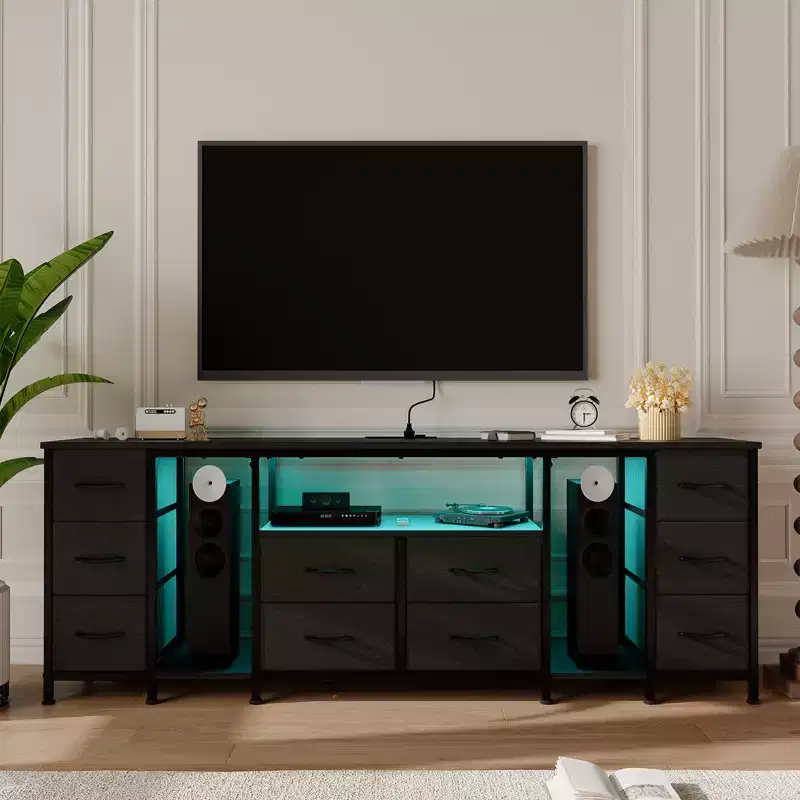 10 Drawer Dresser, TV Stand with Fabric Drawers and Power Outlets for 75 70 65 Inch TV, TV Console Table, Entertainment Center with Storage Shelves