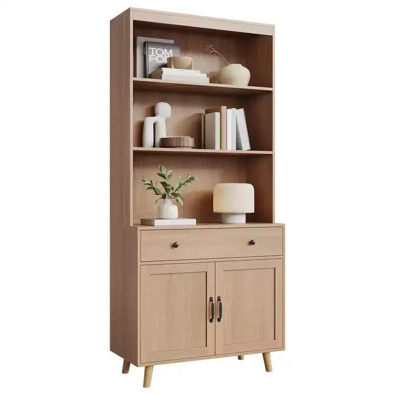 Sideboard, Natural Wood Buffet Cabinet with Drawer & Doors, Open Shelves Freestanding for Living Room, Dining Room