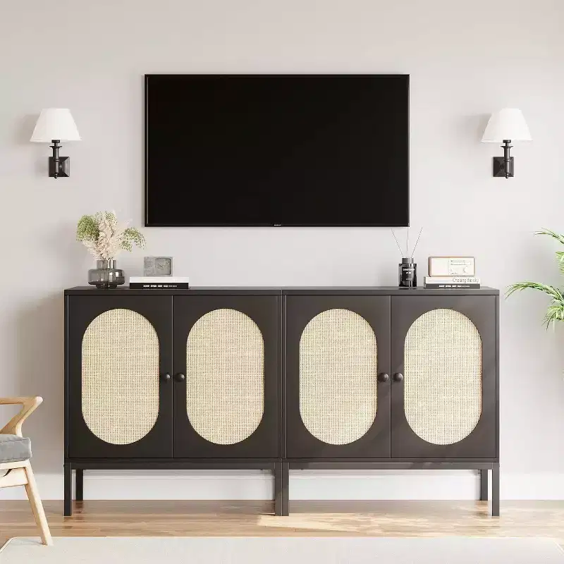 Acekool 2-Pack Rattan Sideboards with Adjustable Shelves, Kitchen Cabinets with Worktop for Living Room, Hallway, Dining Area