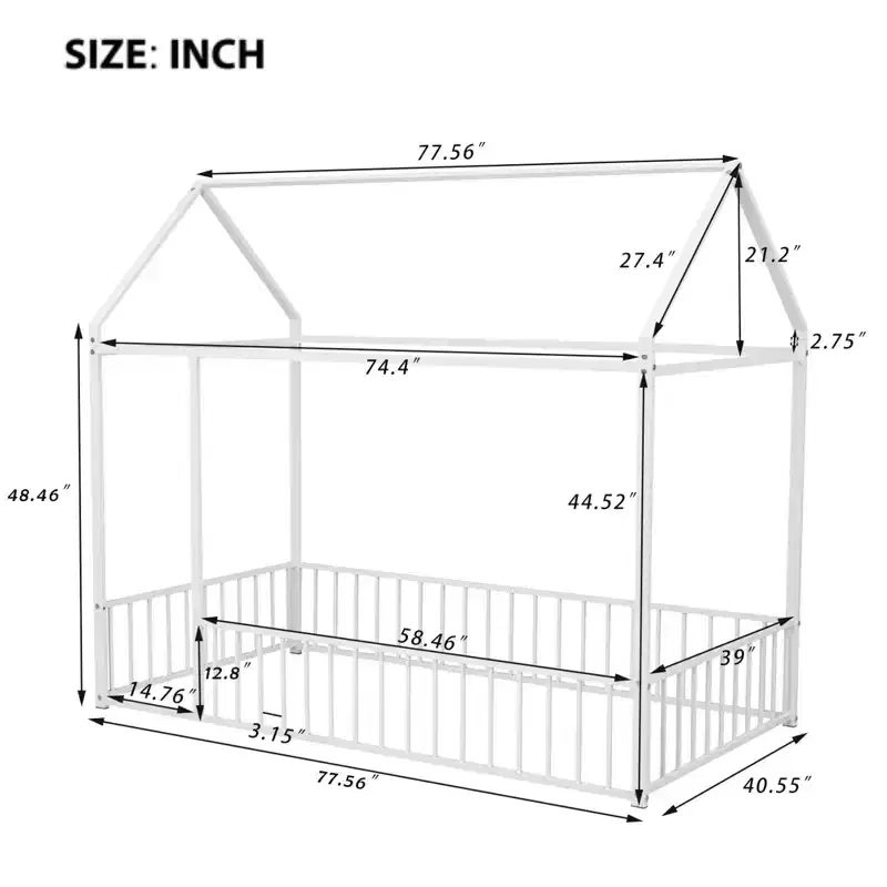 Twin Metal House Bed Frame with Fence, Low Profile Kids & Teen Bed Frame