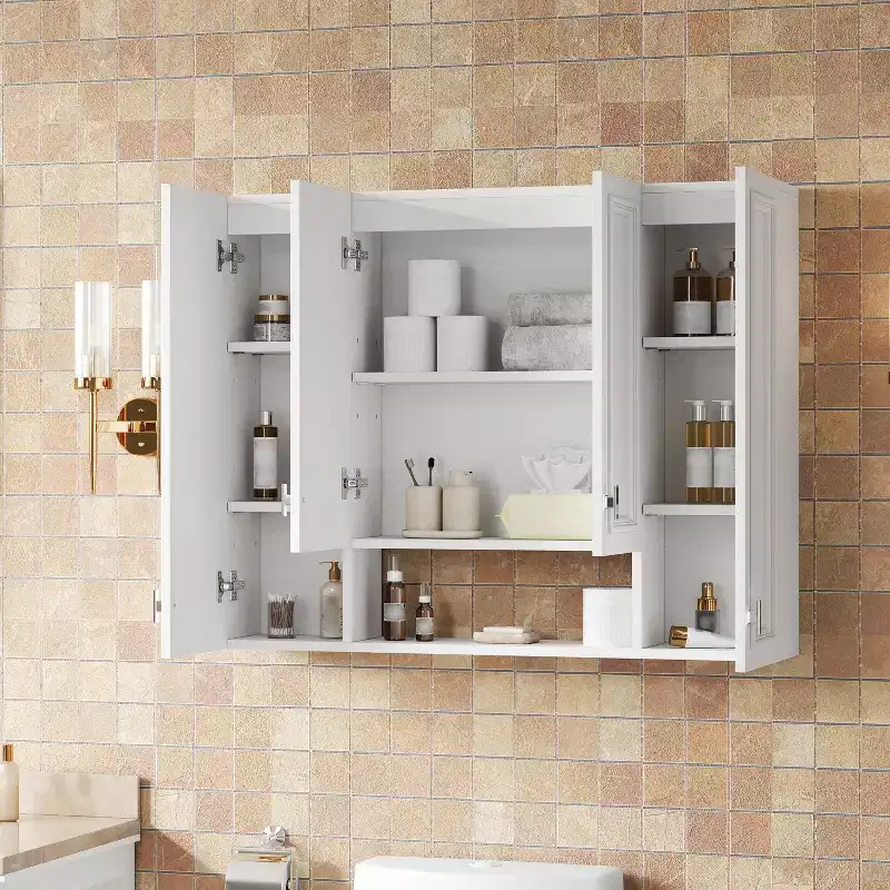 Bathroom Vanity Modern with 5 Adjustable Shelves, Wall-Mounted Medicine Cabinet, Soft-Close Hinges, and Open Shelf Design,White