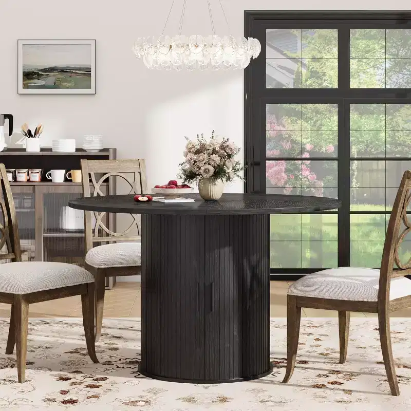 47 Round Modern Dining Table for 4 with 2-Tier Storage Shelf and Sliding Wood Door, Space-Saving Kitchen & Dining Room Table for Apartment