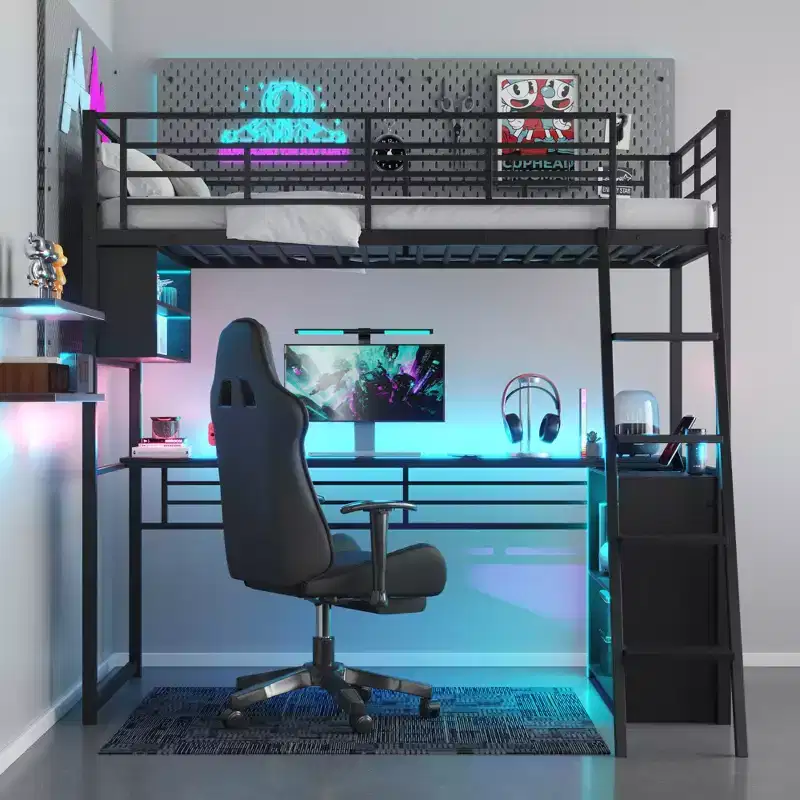 Twin/Full Size Metal Loft Bed with LED Light, Desk and 4 Storage Shelves, Black - ModernLuxe