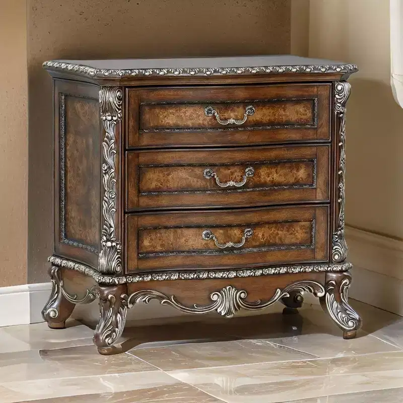 Nightstand, Traditional Floral Trim, 3 Drawers, Cherry Brown