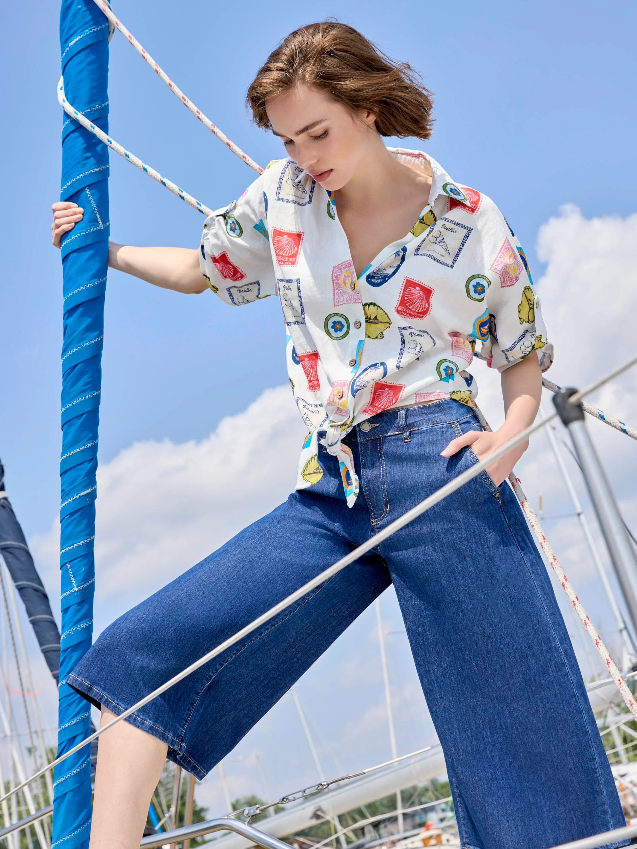 Printed Linen Blend Front-Tie Blouse - Graphic Print