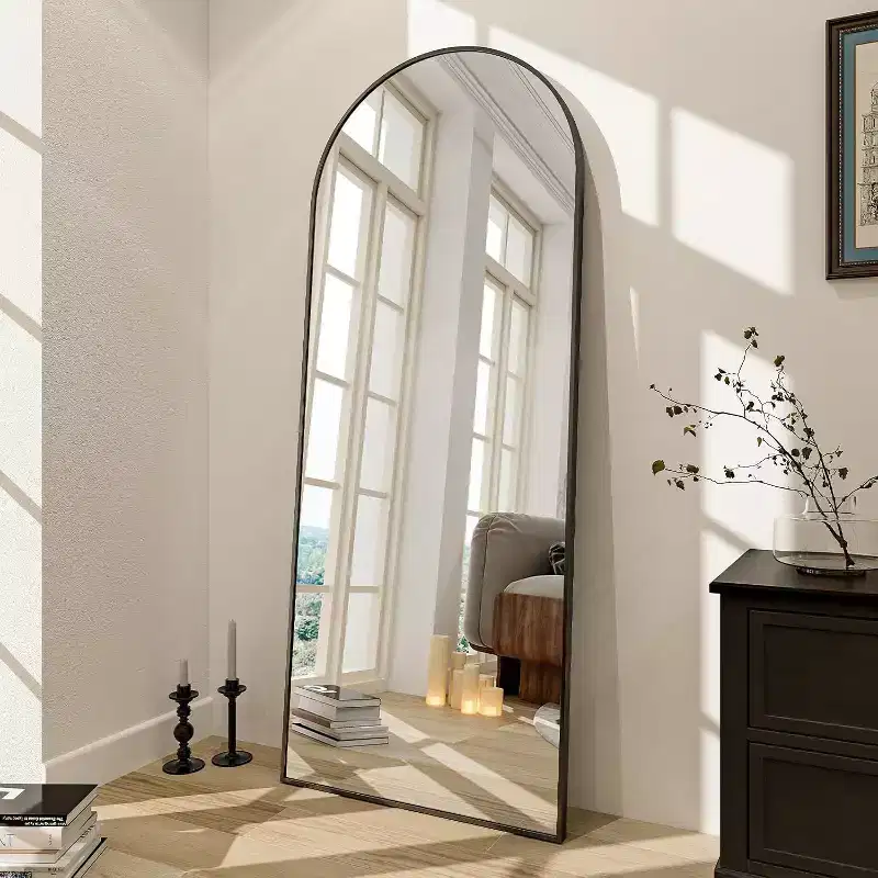 66x25 Full Length Mirror, Wall Mirrors Hanging or Leaning Arched-Top Full Body Mirror with Stand for Bedroom, Dressing Room, Black