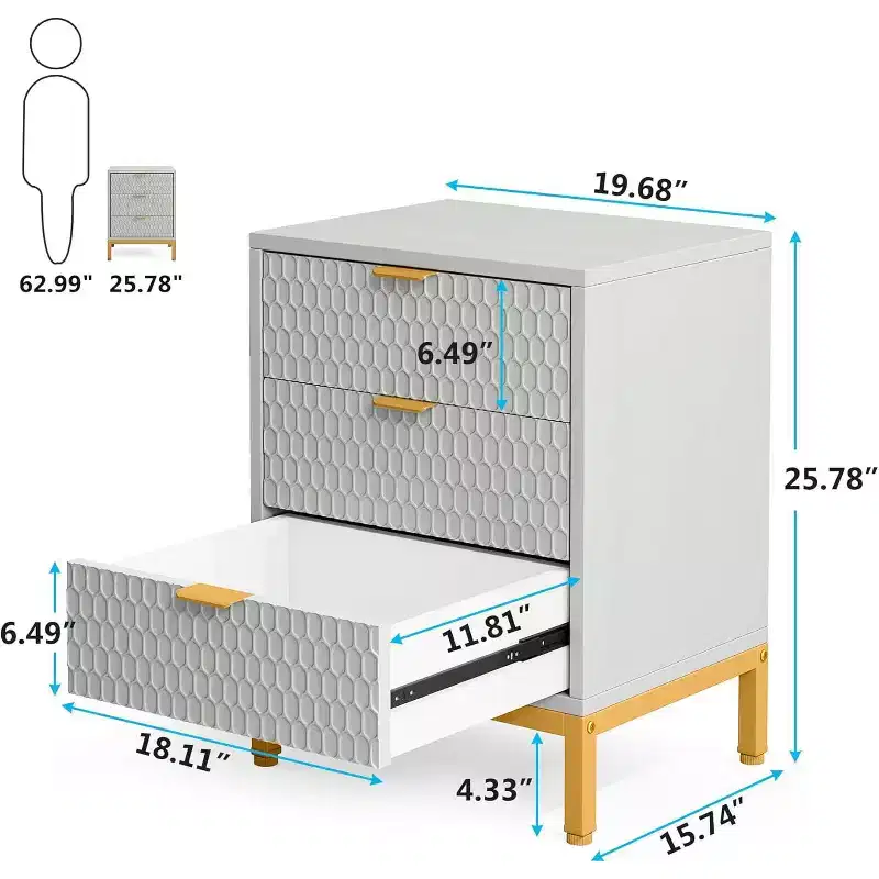 Lantine Modern Nightstand with 3 Drawers, White Bedside Table for Bedroom, Sofa Side End Table with Storage Drawers