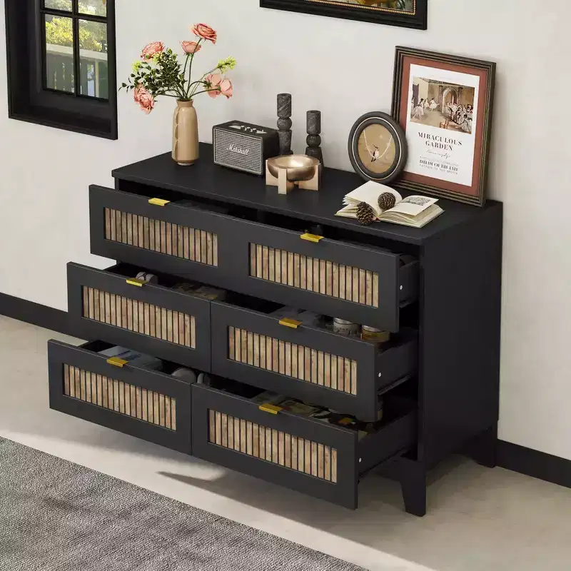 Whisen Rustic Farmhouse Style Wooden Dresser with 6 Drawers, Storage Cabinet, Metal Handles