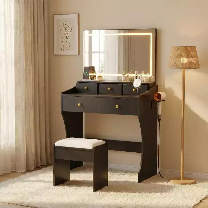 GustoWave Makeup Vanity Desk with Mirror & Chair, 5 Drawers, Hair Dryer Holder, Cushioned Stool for Bedroom