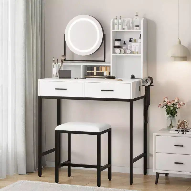 Modern Makeup Vanity Desk with Adjustable Rotating Mirror -Lights, Power Outlet - 2 Drawers, Storage Shelves & Stool - Bedroom Dressing Table