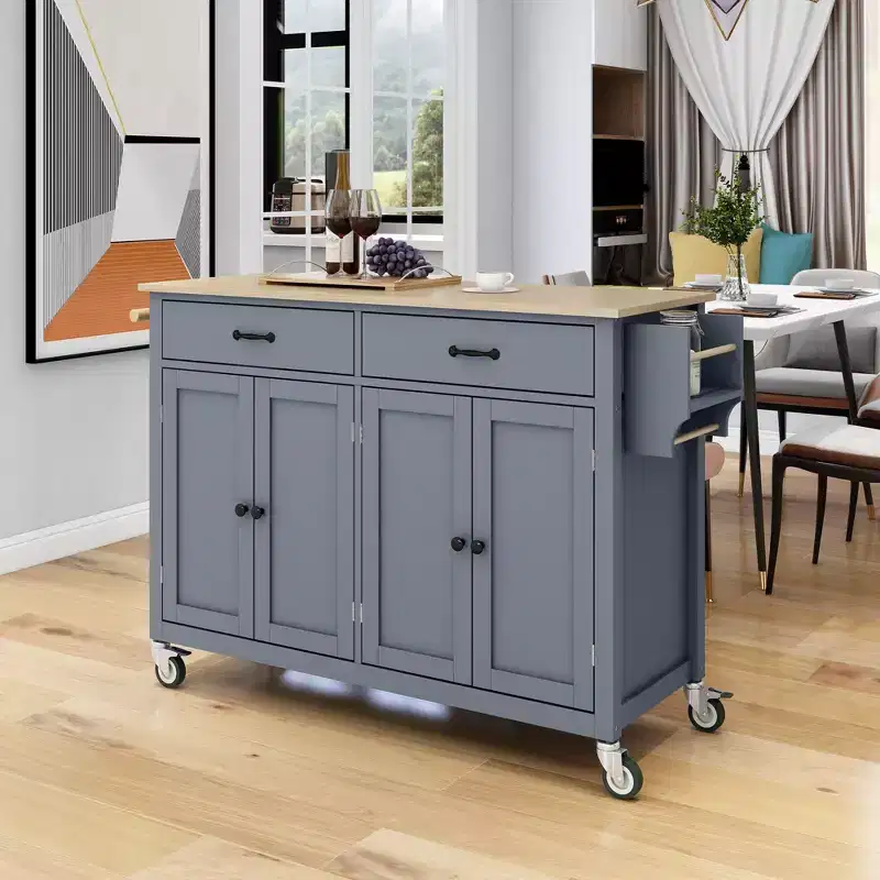 Whisen Modern Wood Kitchen Island with Spice Rack and Drawers