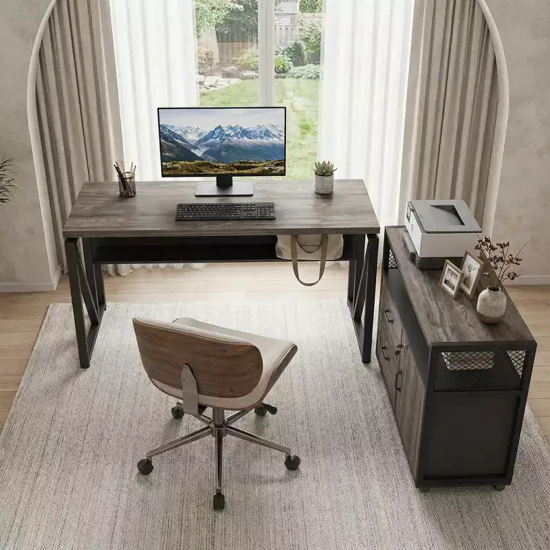 55-Inch Computer Writing Desk with Bottom Storage Shelf, Modern Home Office Table