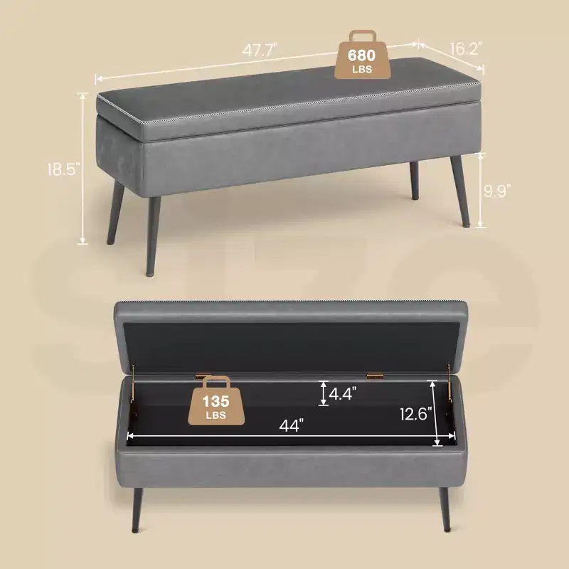 Mid-Century Modern Ottoman Bench with Storage Faux Leather Upholstered Shoe Bench Rectangular End of Bed or Entryway Seating Dual Safety Hinges