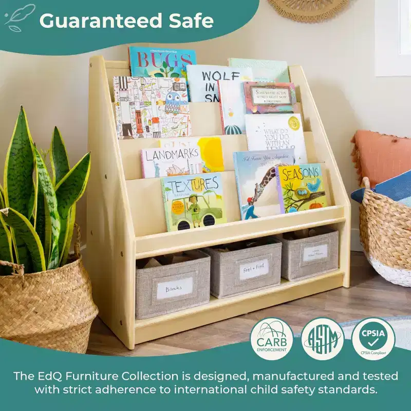 Guidecraft EdQ Book and Bin Display: Children's Wooden Multi-Purpose Bookshelf with Toy Storage for Kids' Rooms and Classroom