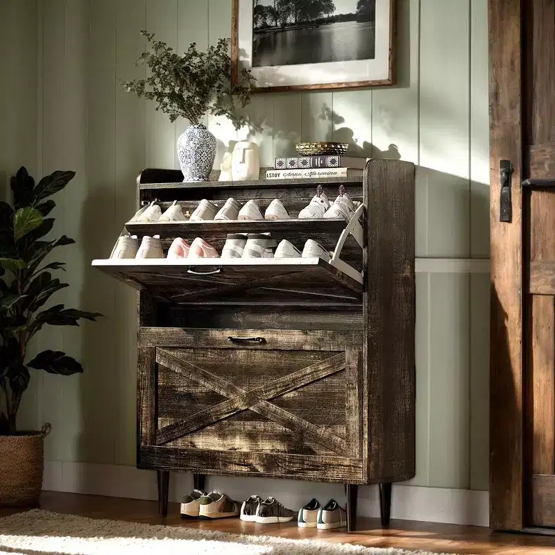 Karl Home 2 Flip 1 Barrier Barn Door Shoe Cabinet Melamine Embossed 31.6In Black Oak