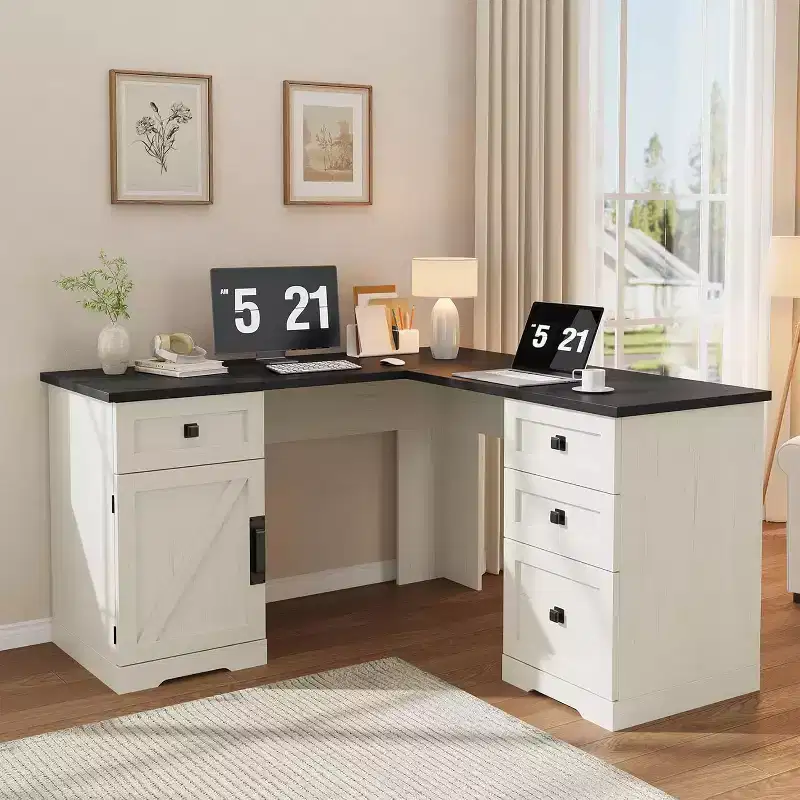 60 White L Shaped Executive Desk, Farmhouse Home Office Corner Computer Desk with File Drawers & Storage Cabinet