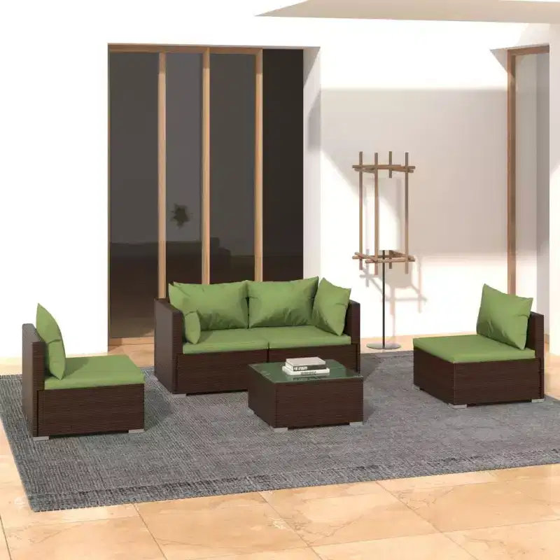 vidaXL Patio Lounge Set with Modular Design, Powder-Coated Steel Frame, Water-Resistant PE Rattan and Cushions - Brown & Green