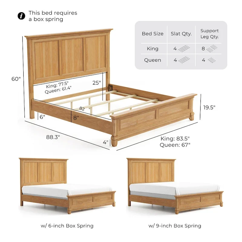 Farmhouse Solid Wood Panel Bed, Natural Oak Finish, King/Queen with Plank Headboard