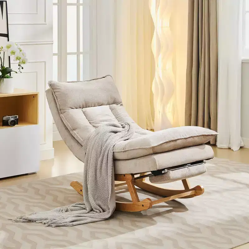 Hyleory Solid Wood Upholstered Rocking Chair with Retractable Hidden Footrest