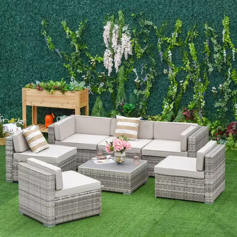 Outsunny 7-Piece Patio Furniture Set, Outdoor Wicker Conversation Set, All Weather PE Rattan Sectional Sofa w/ Faux Wood Table, Stripe Pillows
