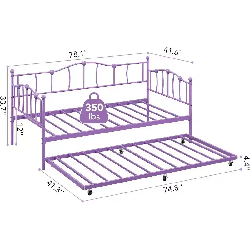 Purple Metal Twin Daybed with Pullout Trundle Bed, Love-Heart Design, Steel Slat Support, No Box Spring Needed, Space-Saving Sofa Bed