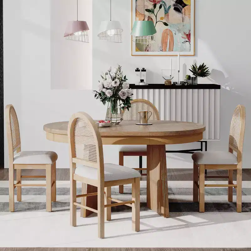 Rattan Round Dining Table Set for 4, Extendable Dining Set with 4 Upholstered Chairs, Kitchen Table and Chairs Set for Small Space, Natural Wood Wash
