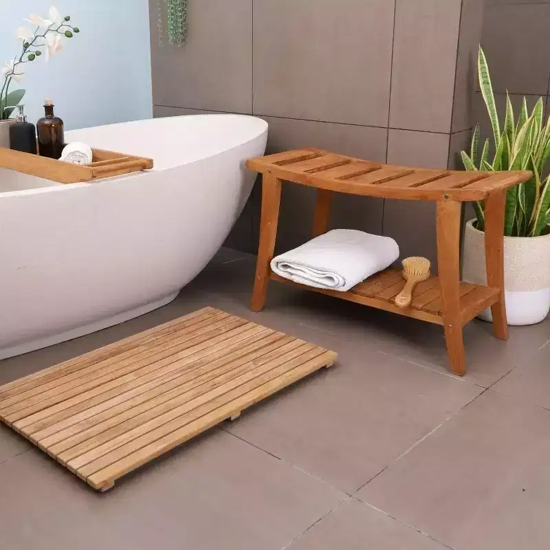 30 Asian Style Shower Bench with Shelf - Beige