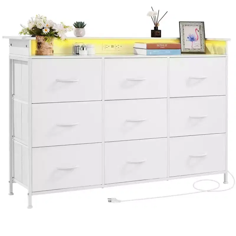 9-Drawer Fabric Dresser with LED Lights Built-In Outlet Metal Frame Tall Storage Tower White