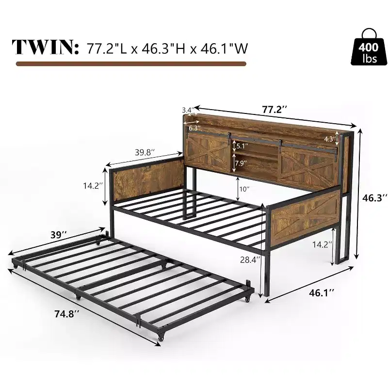 Twin Daybed with Trundle and Storage Headboard