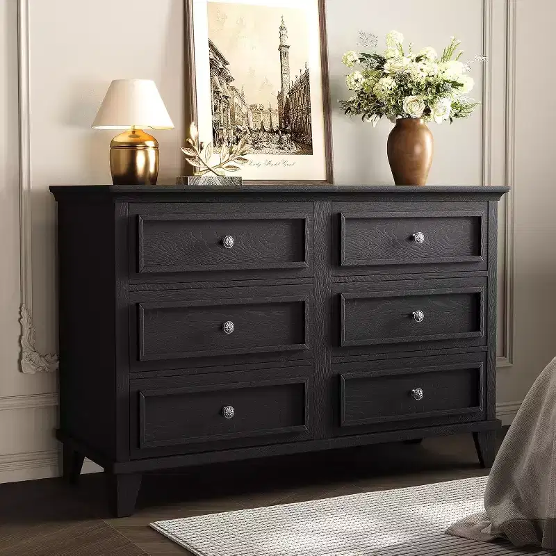 Dresser for Bedroom, 6 Drawer Wide Dresser Storage Organizer, Modern Wooden Chest of Drawers with Metal Handles for Hallway, Entryway, Home Office