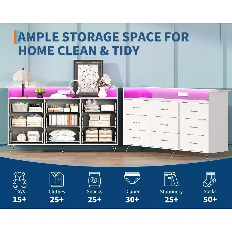 9-Drawer Tall Wooden Dresser, with APP-Controlled RGB Light & Charging Station for Living Room, White