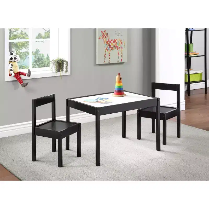 Etokfoks 3 Piece Dry Erase Kids Table and Two Chair Set Black Solid Wood Construction Creative Play Area for Drawing and Homework