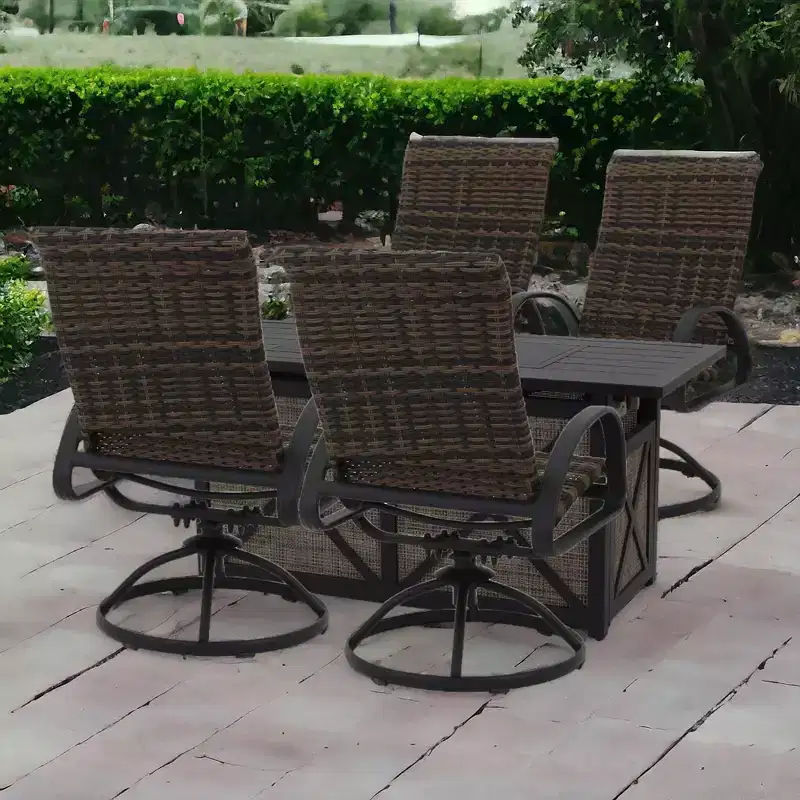 Courtyard Casual Santa Fe 5 pc Rectangle Fire Pit Set with Wicker Swivel Rockers Includes One Rectangle Fire Pit and Four Wicker Swivel Rockers
