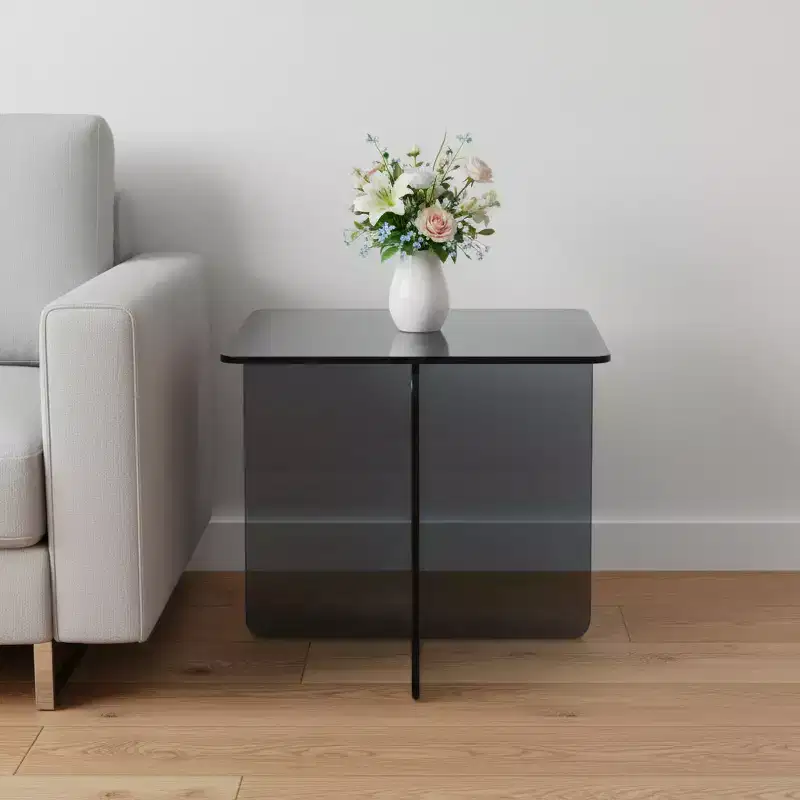 Black Glass Square End Table, Cross Legs Style, 1 Piece
