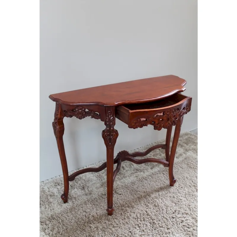 Carved Half-Moon Console Table, Hardwood Distressed Dual Walnut Stain, 1 Sliding Drawer, 30H x 32W in