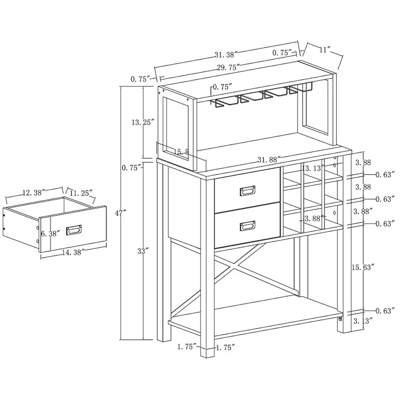 32 in. Wood Buffet Bar Cabinet with Wine Rack - Holds up to 9 Bottles