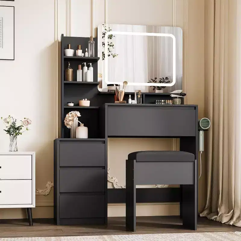 36 Vanity Desk with Mirror & LED Lights, Power Outlets, USB Ports, 4 Drawers, Storage Shelves, Stool, 3-Color Lighting for Bedroom, White