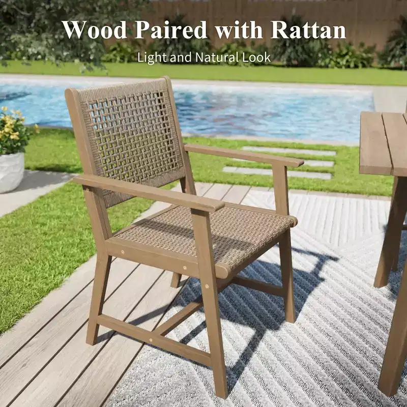 Captiva Designs Outdoor Patio Wood Dining Set with Rattan Chairs & 1 Acacia Wood Rectangular Table