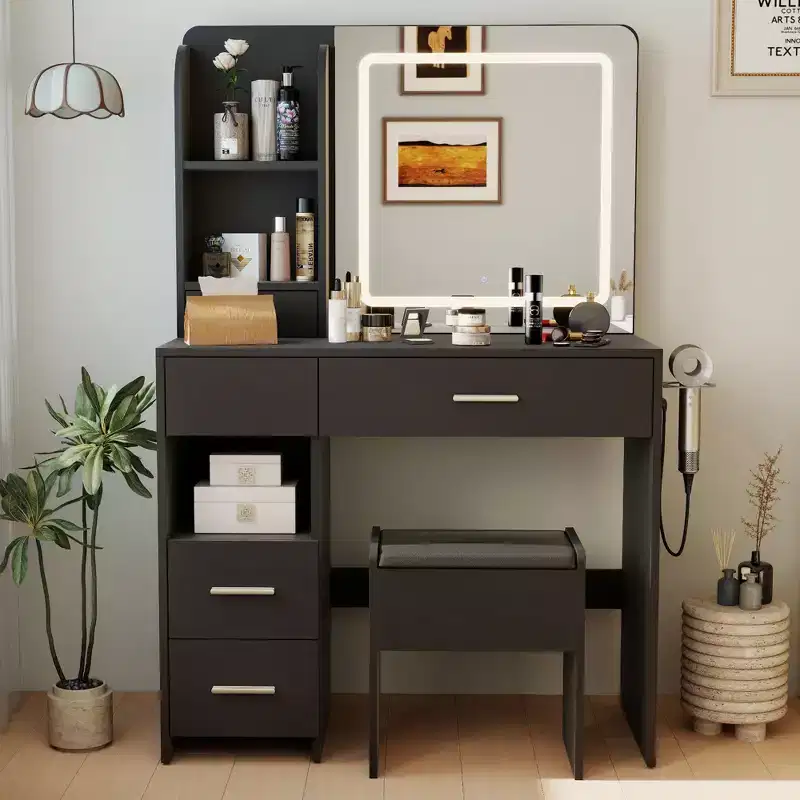 Vanity Desk with Mirror and Lights, 3 Adjustable Lighting Makeup Vanity Desk with 3 Storage Shelves, 5 Large Drawers and Power Outlet