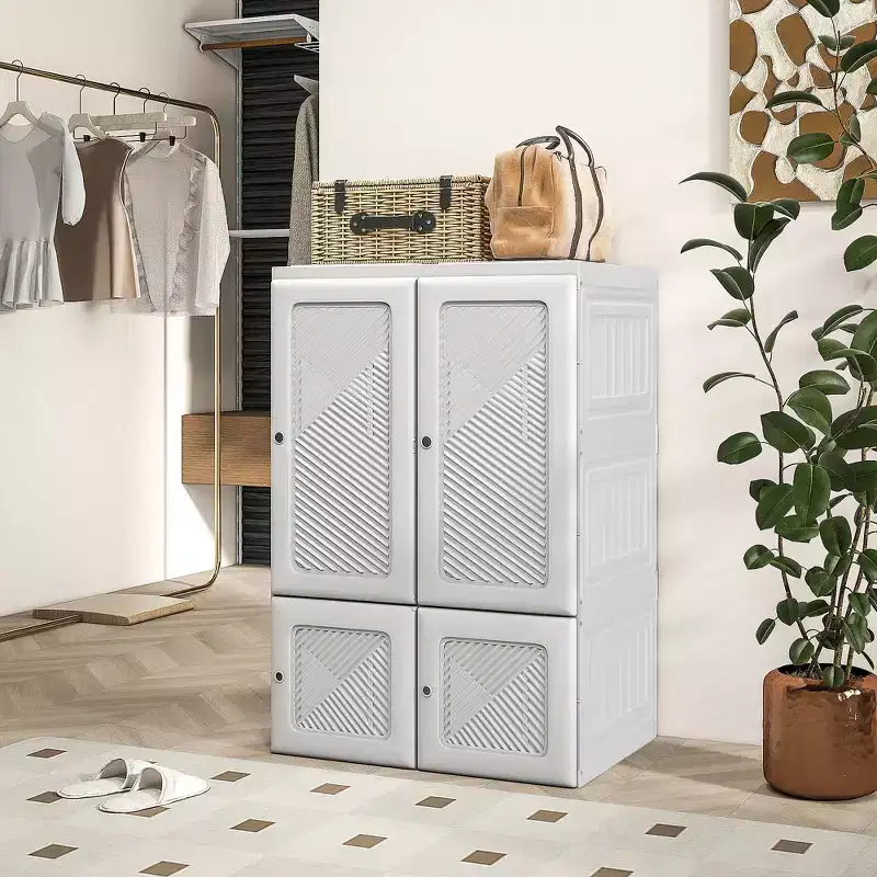 Portable Foldable Wardrobe Closet with Cube Compartments, Magnet Doors & Hanging Rod, White